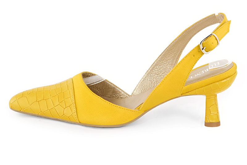 Yellow women's slingback shoes. Tapered toe. Medium spool heels. Profile view - Florence KOOIJMAN